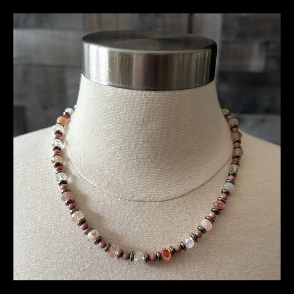 Handcrafted natural gemstone beaded Necklace 19” Pyrite Rhodonite Phantom Quartz